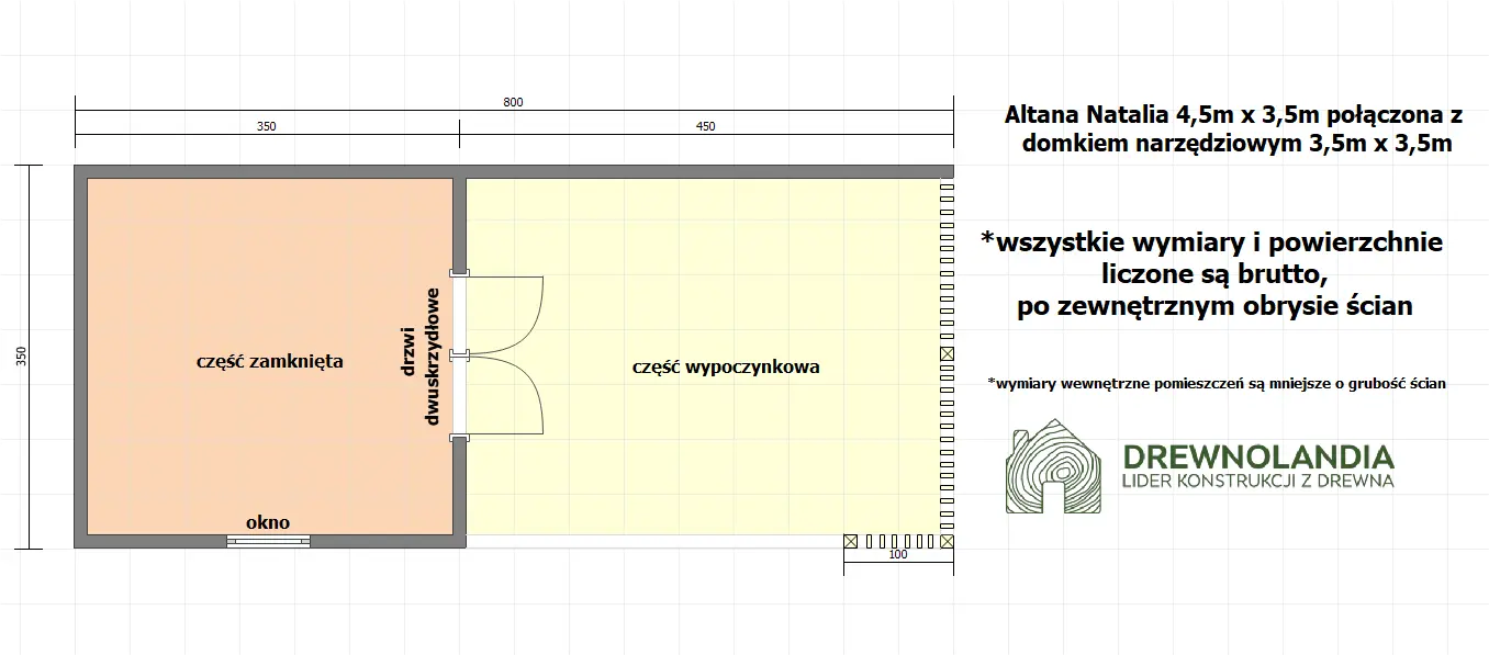 Rzut Domek narzędziowy Nataniel 8m x 3,5m z przestrzenią wypoczynkową