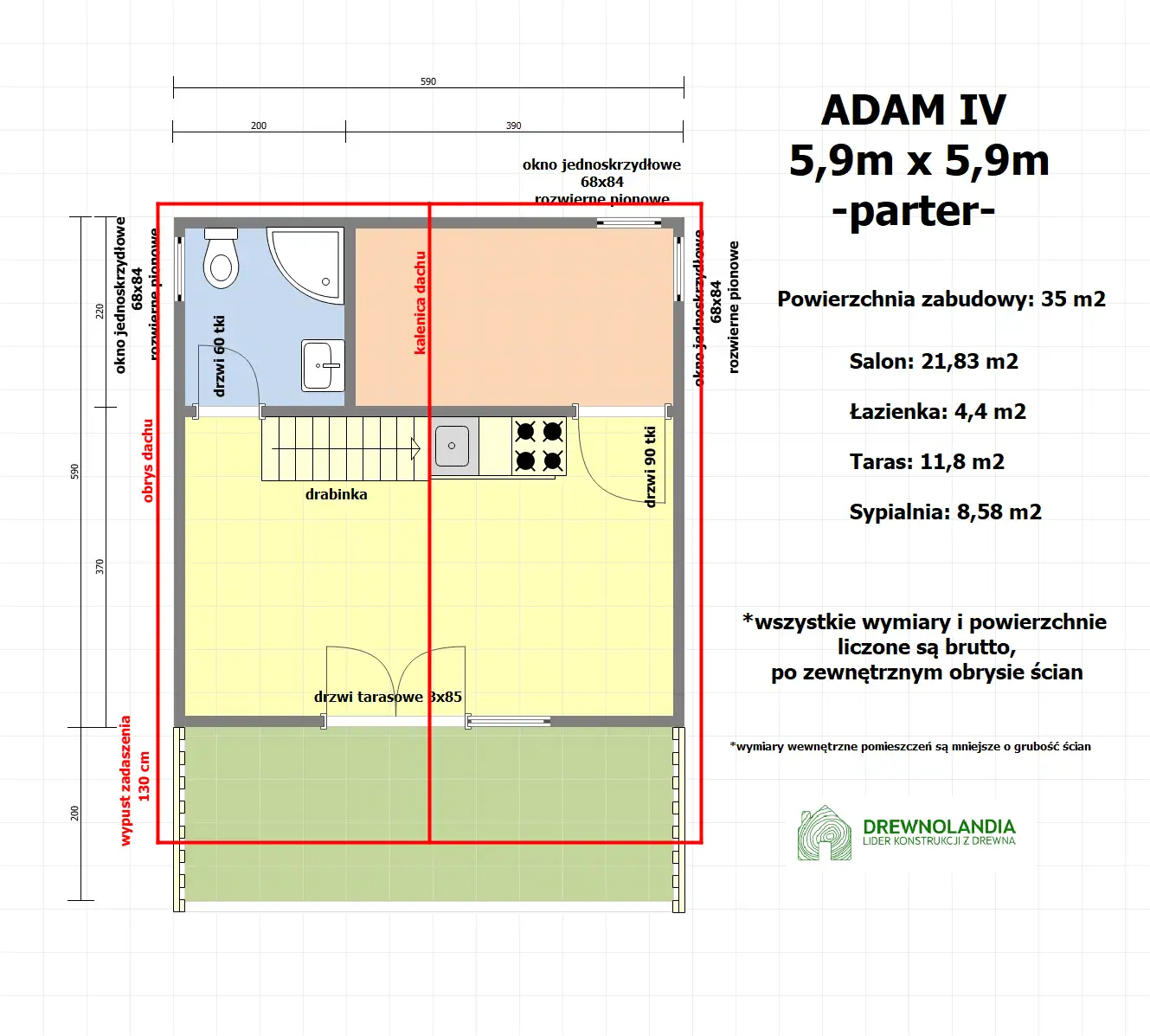 Nowoczesny drewniany domek z antresolą Adam IV 5,9m x 5,9m 