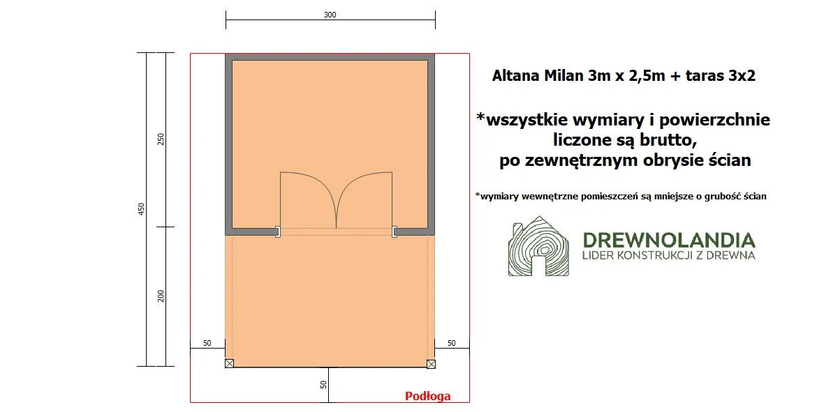 Rzut Nowoczesny Domek-Altana ogrodowa Milan – 3×2,5m + taras 3x2m