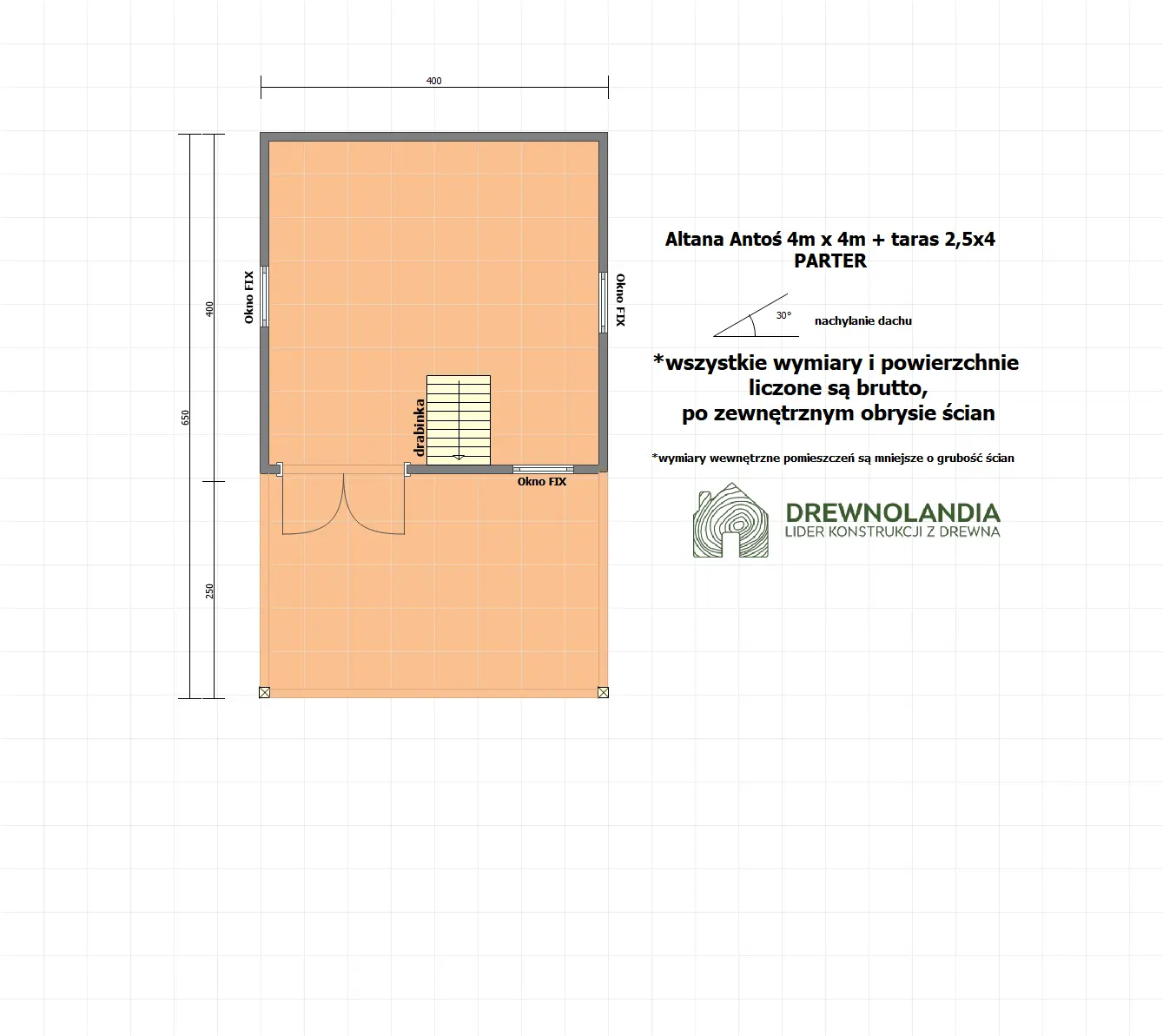 Rzut Domek ogrodowy z tarasem Antoś 4m x 4m + 2,5m x 4m