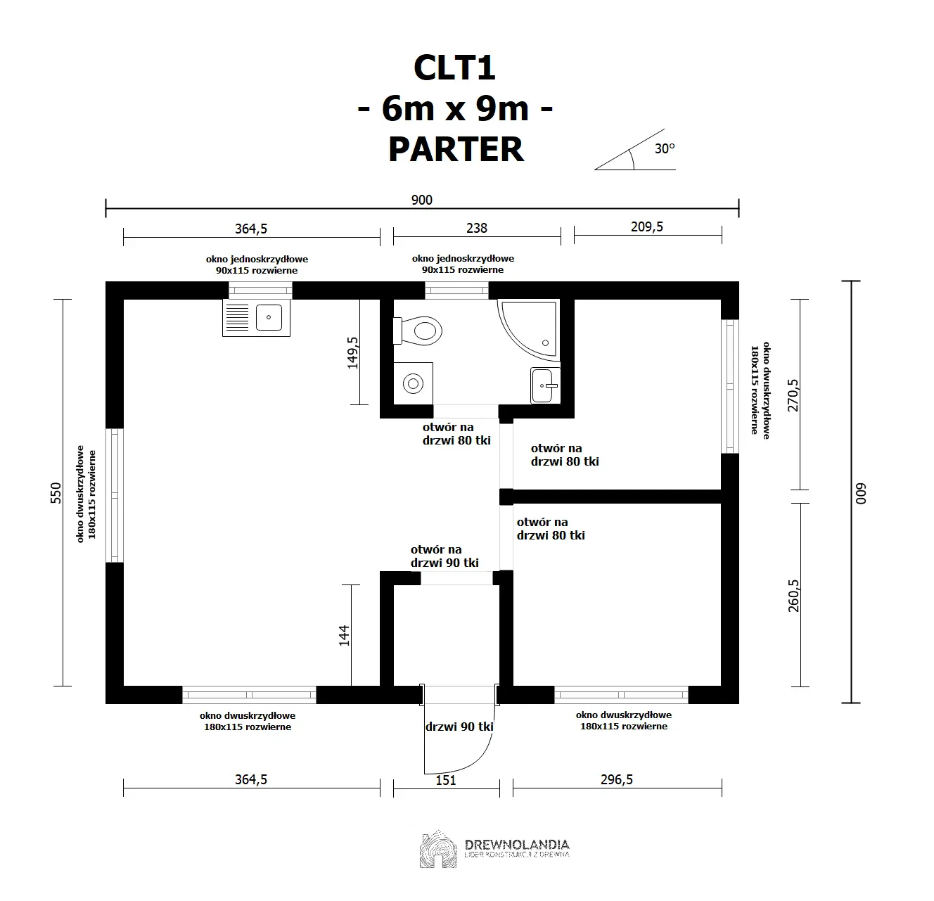 Rzut CLT1 Najtańszy Dom Całoroczny w Polsce – WT 2021 – 54 m²