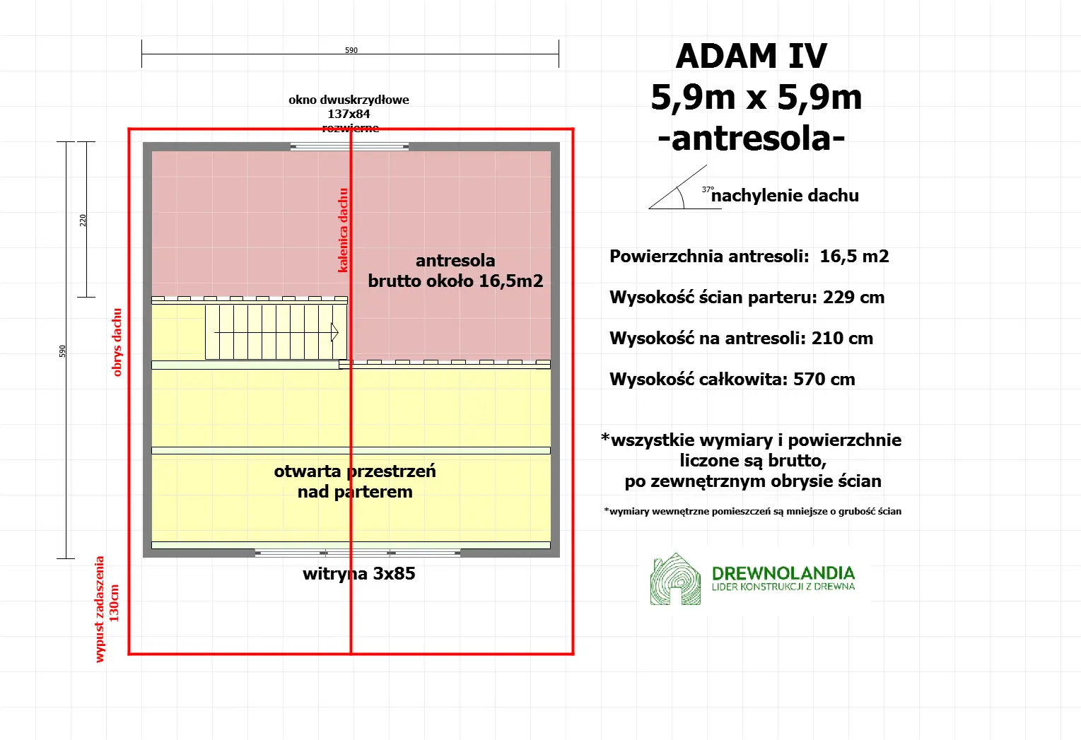 Rzut Nowoczesny drewniany domek z antresolą Adam IV 5,9m x 5,9m 