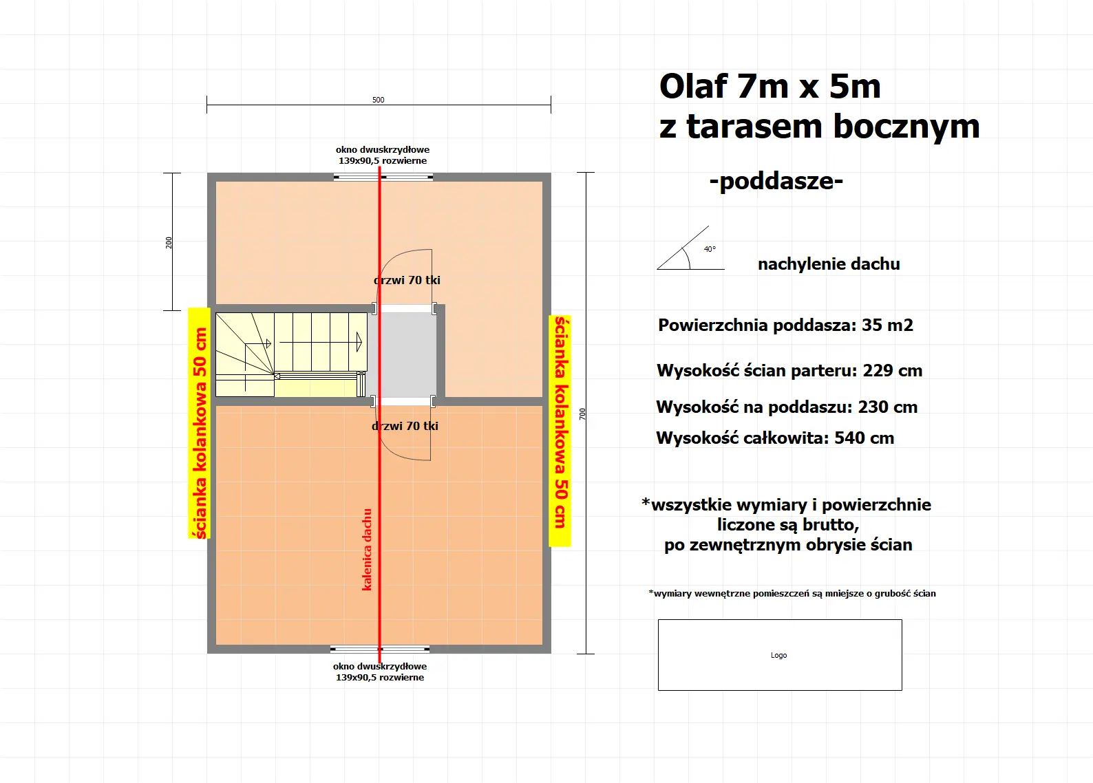 Rzut Domek Olaf 7x5m z tarasem bocznym 7x2m