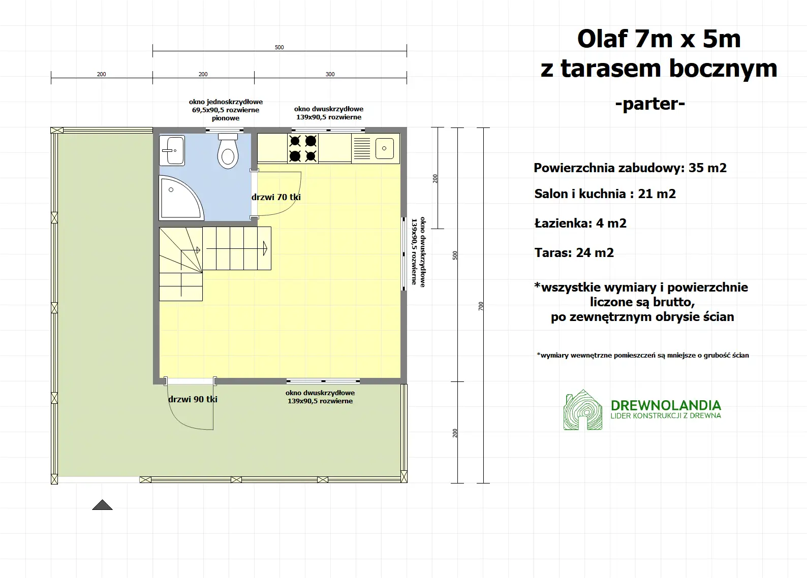 Domek Olaf 7x5m z tarasem bocznym 7x2m
