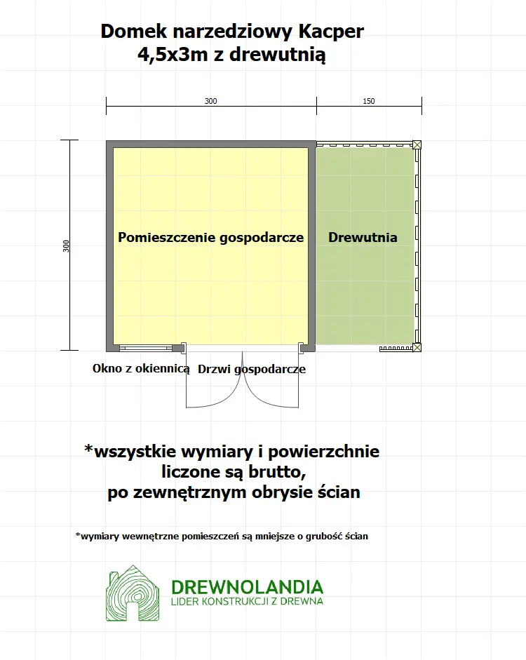 Rzut Domek narzędziowy z drewna Kacper - 4,5x3m z drewutnią 