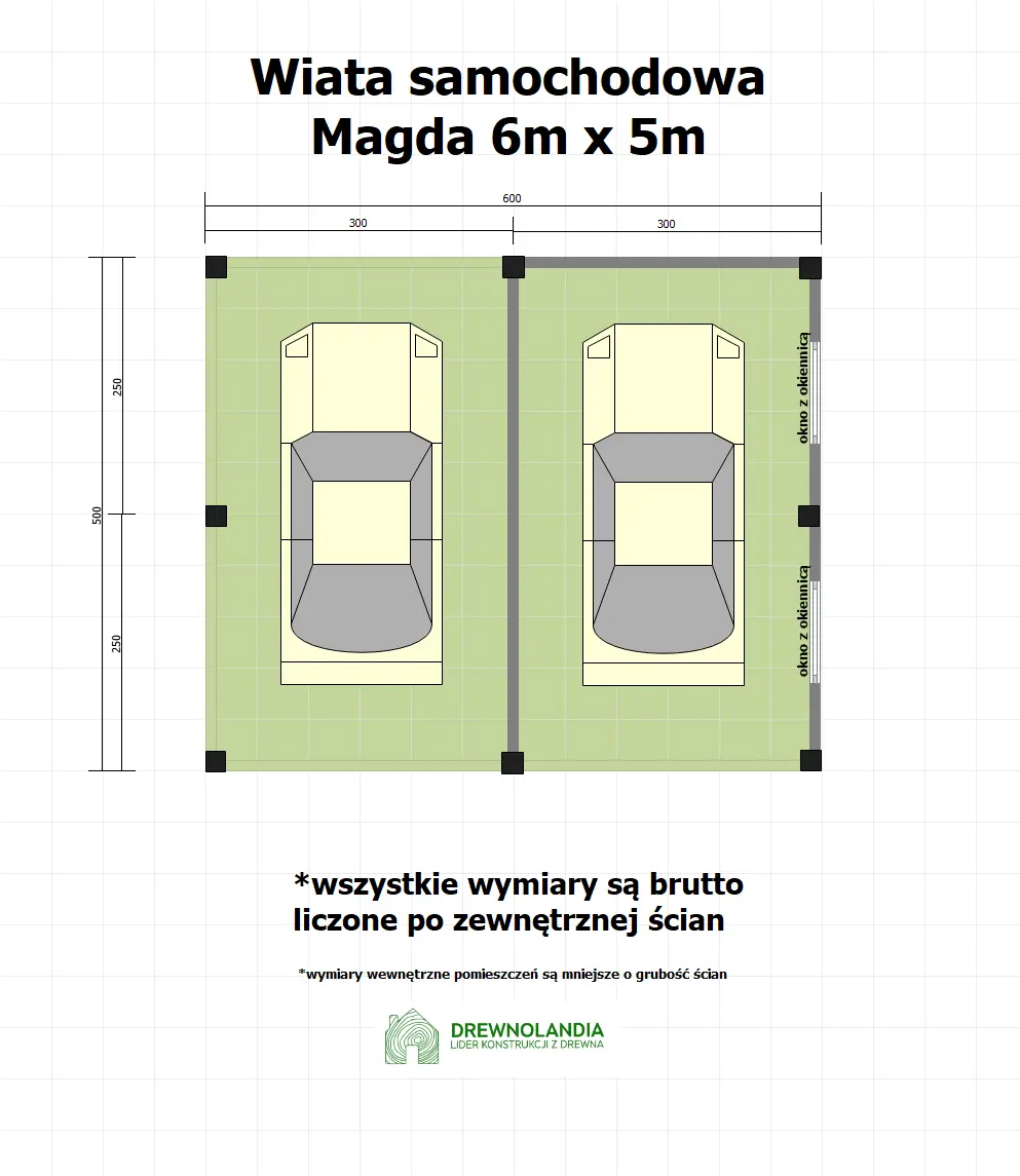 Rzut Wiata samochodowa Magda 6x5m – Garaż dla dwóch aut z pomieszczeniem gospodarczym