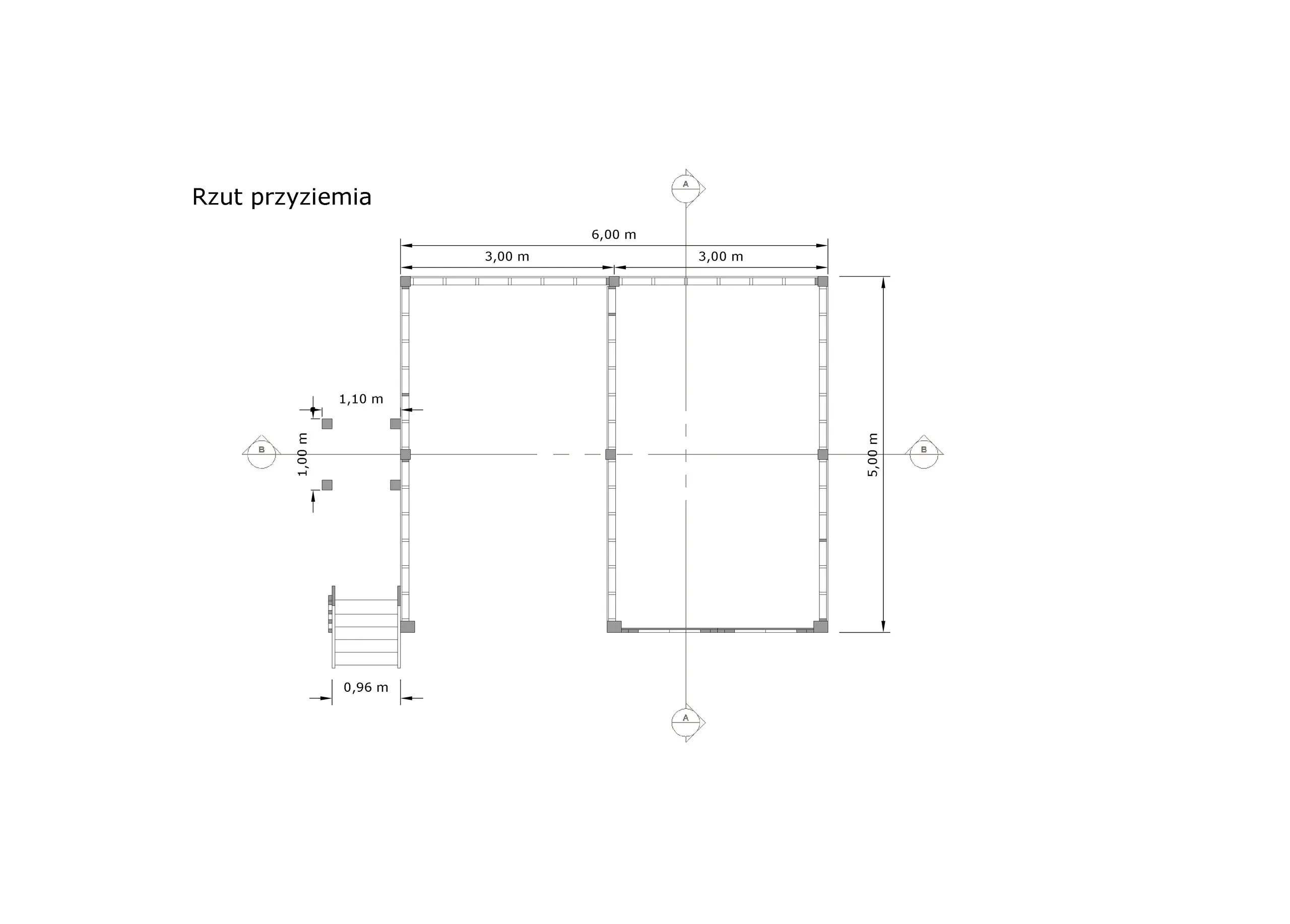 Rzut Wiata samochodowa Marta 6x5m – Garaż z poddaszem i zamkniętym pomieszczeniem