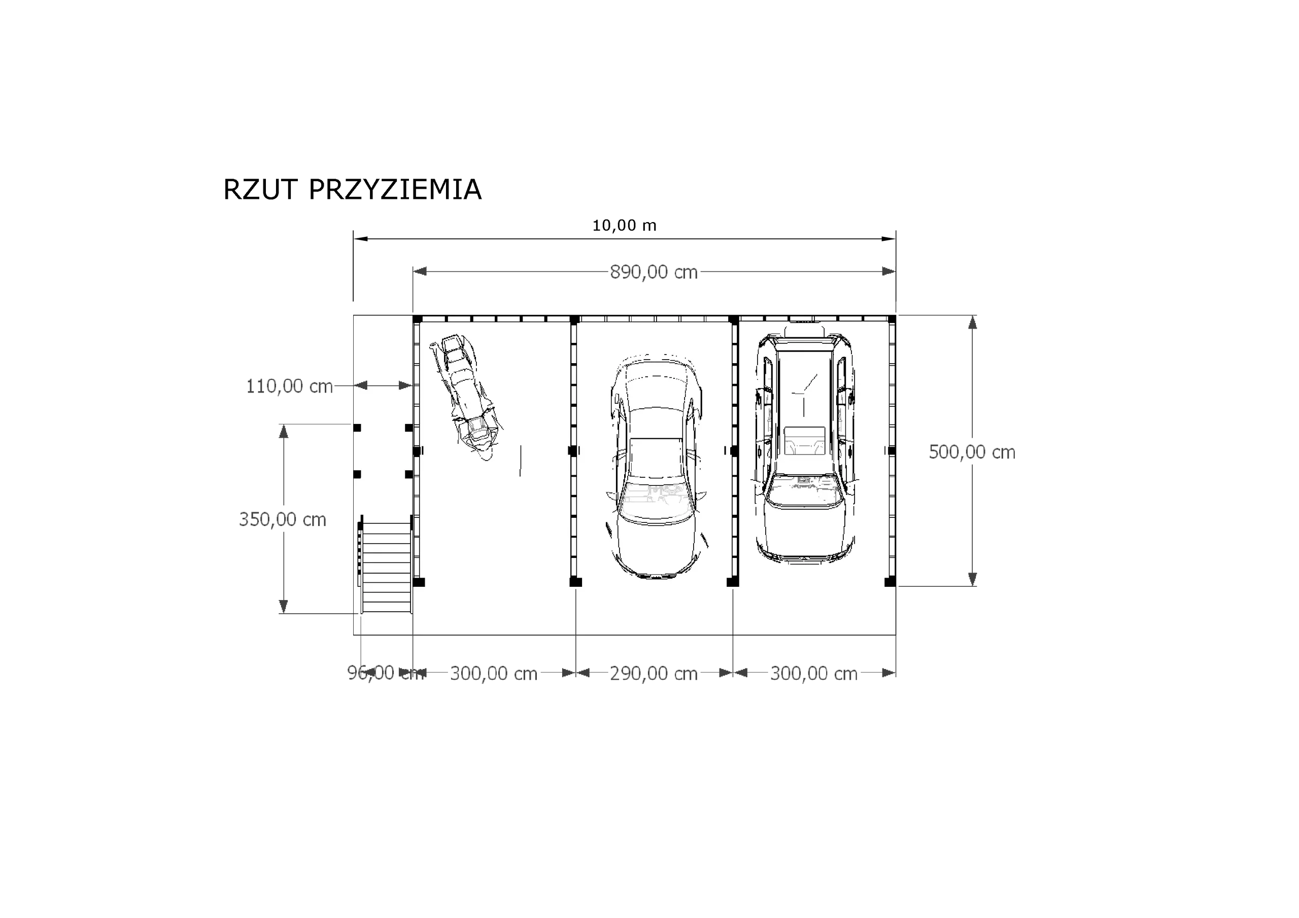 Rzut Wiata samochodowa Barbara 8,9m x 5m – Trwała konstrukcja na trzy pojazdy z przestrzenią magazynową