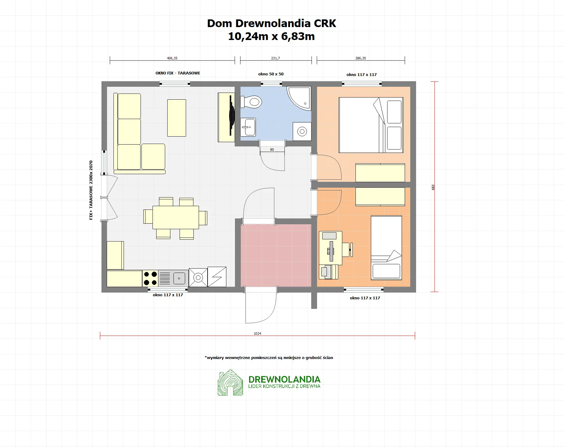 Rzut Dom rekreacyjny całoroczny DREWNOLANDIA 1 CRK – 70 m²