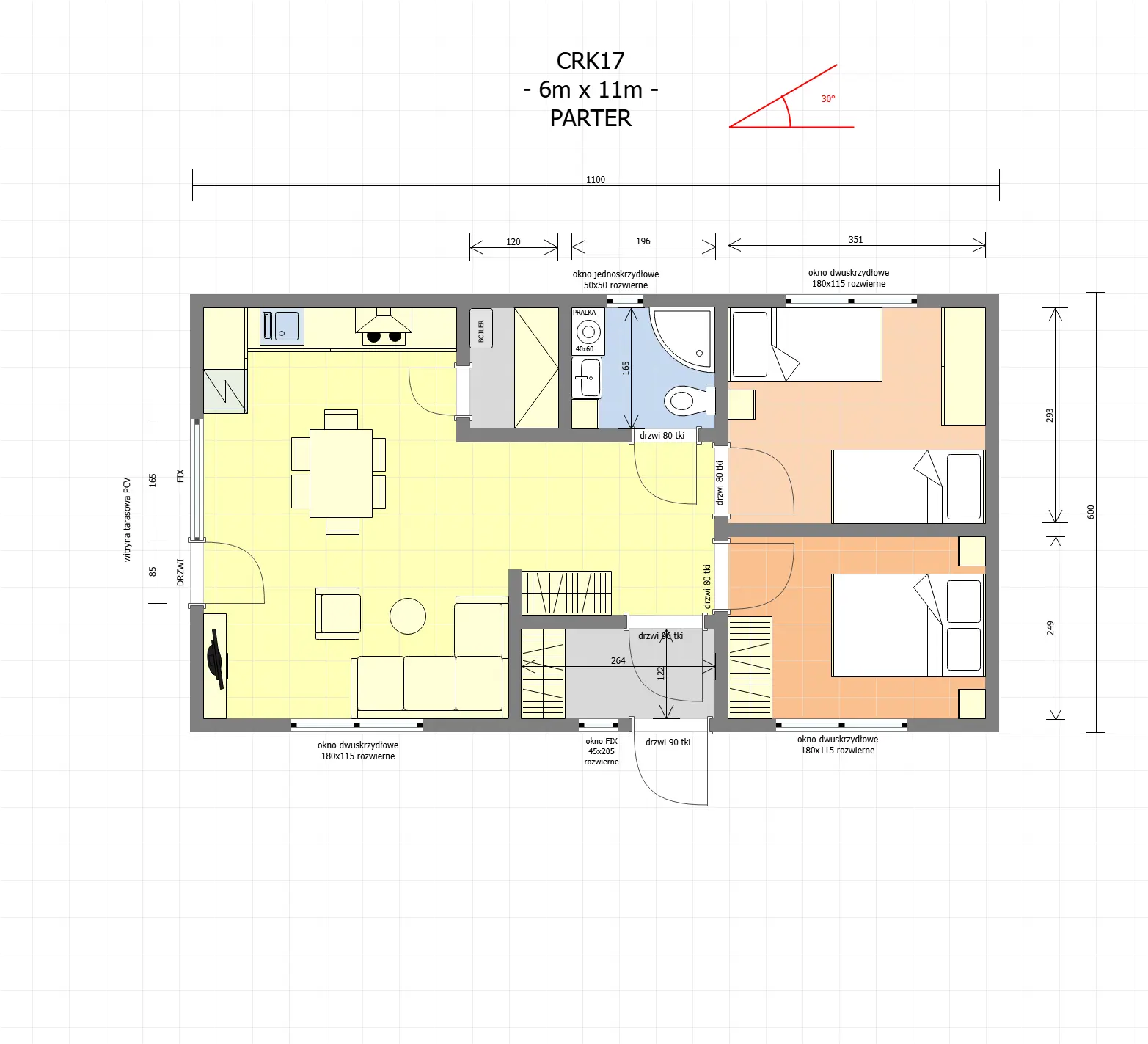 Rzut Drewniany dom rekreacyjny całoroczny CRK17 - 11m x 6m - 66 m2
