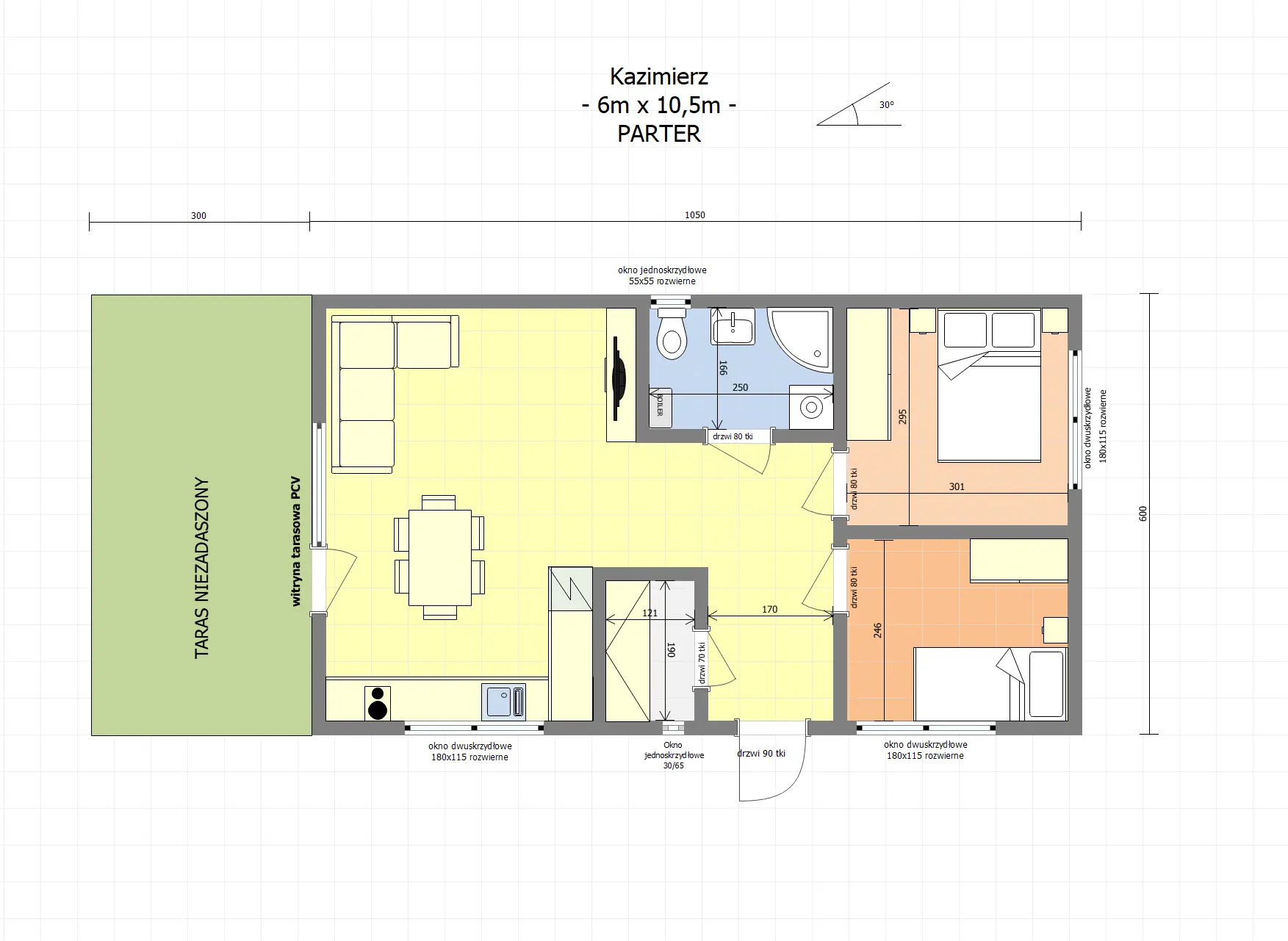 Rzut Drewniany dom rekreacyjny Kazimierz - 6m x 10,5m - 63 m² 