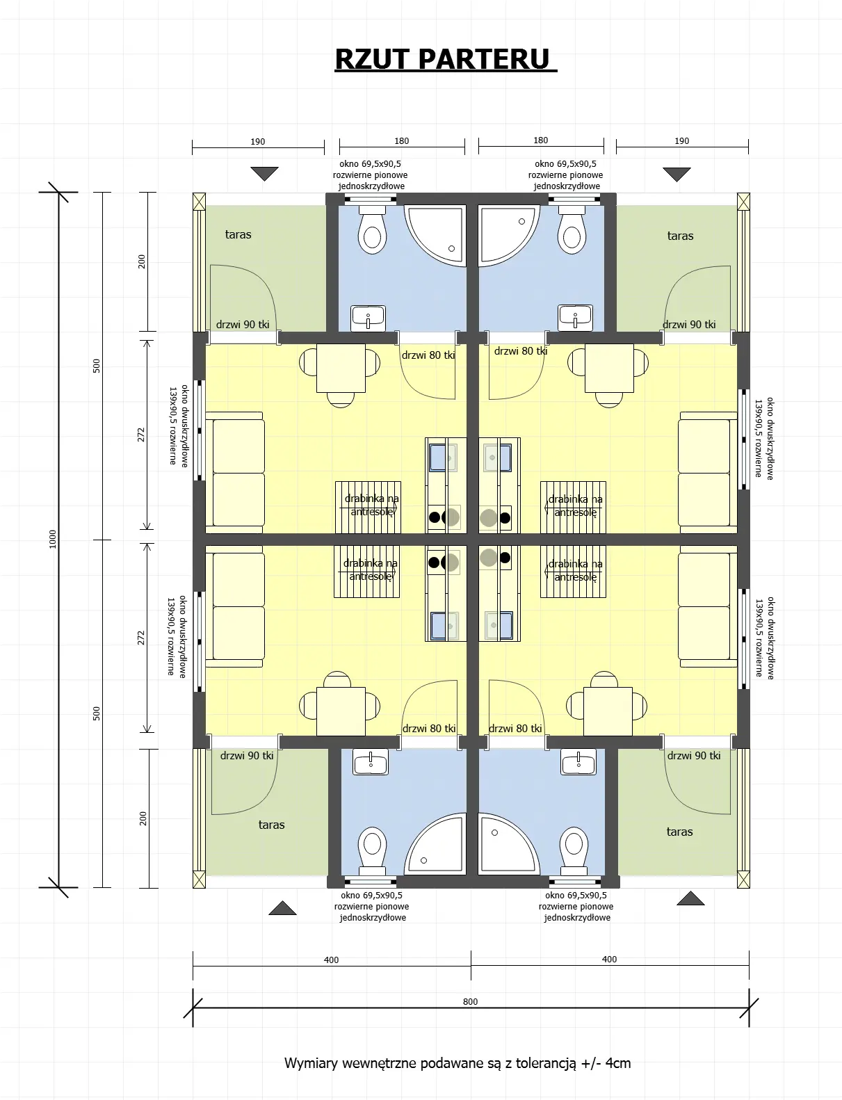 Rzut Domki na wynajem W1X4 – 80 m2 – 4 domki w 1