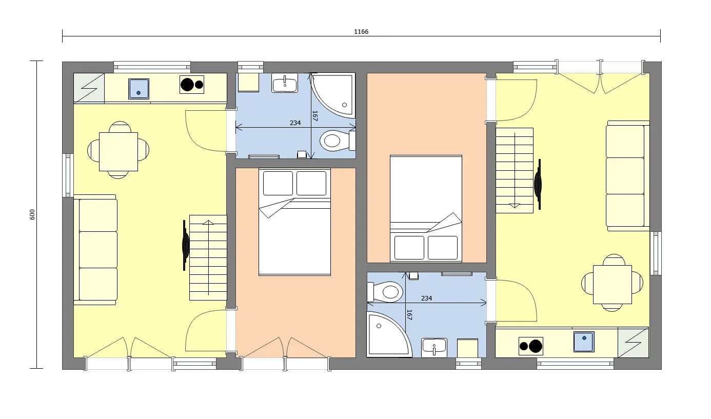 Rzut Szeregowy domek pod wynajem A1X2 – 70 m2