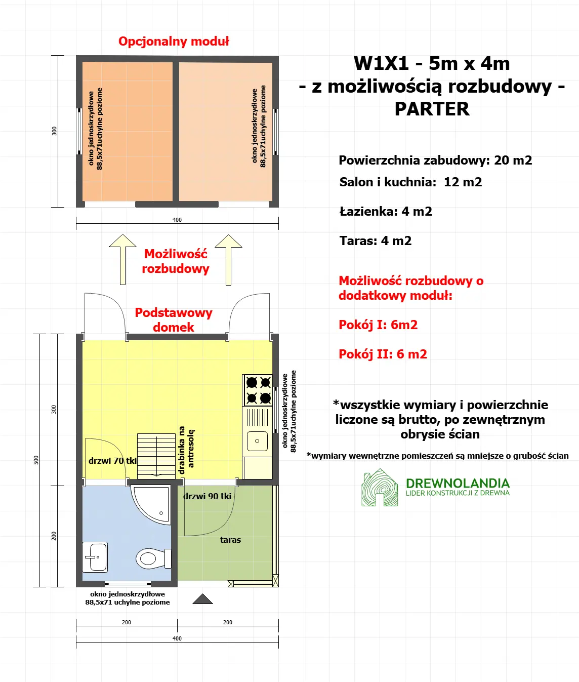 Rzut Domek modułowy W1X1 pod wynajem 5m x 4 - z możliwością rozbudowy