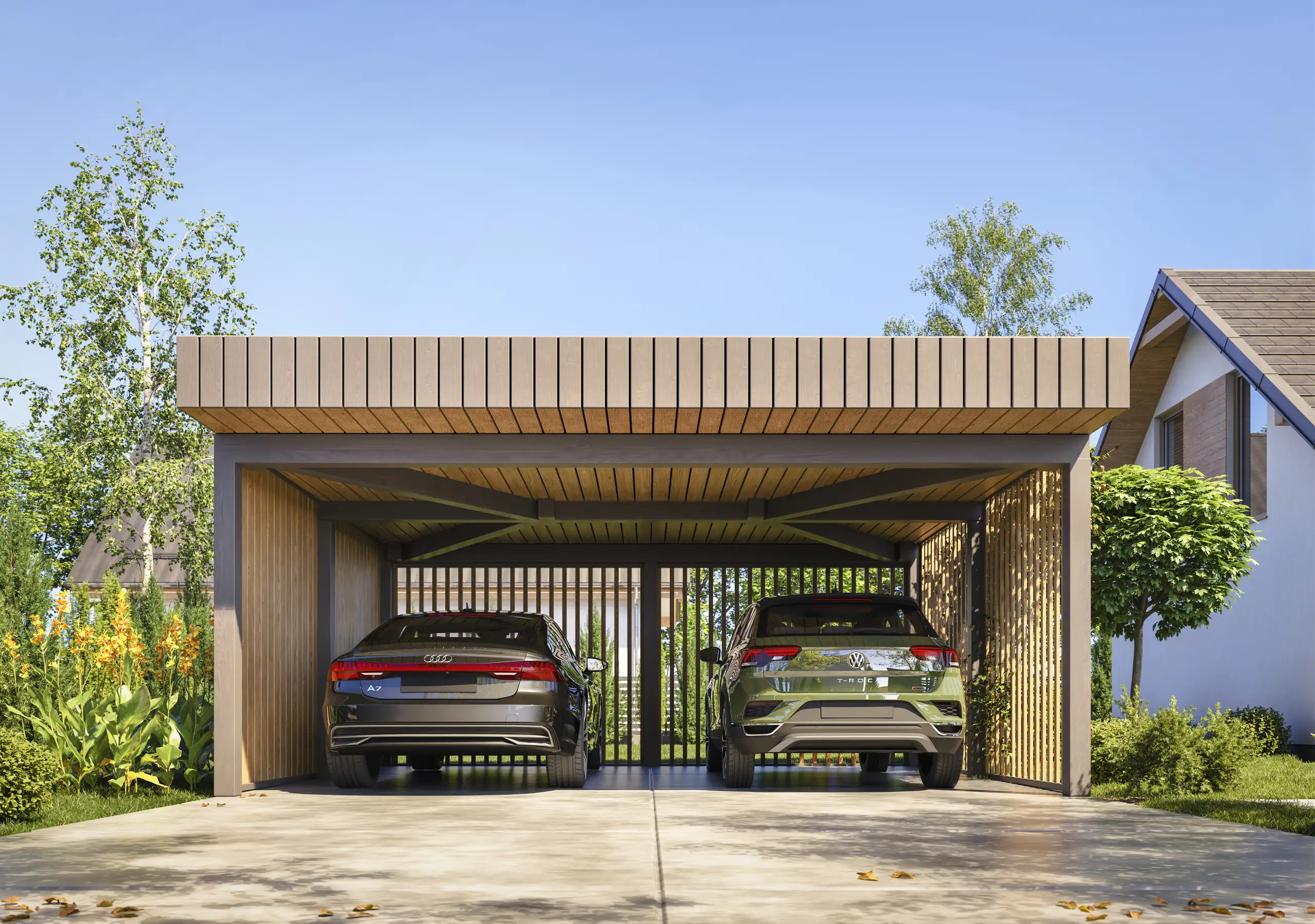 Wiata samochodowa Sara 6x5m – Nowoczesne zadaszenie dla dwóch aut