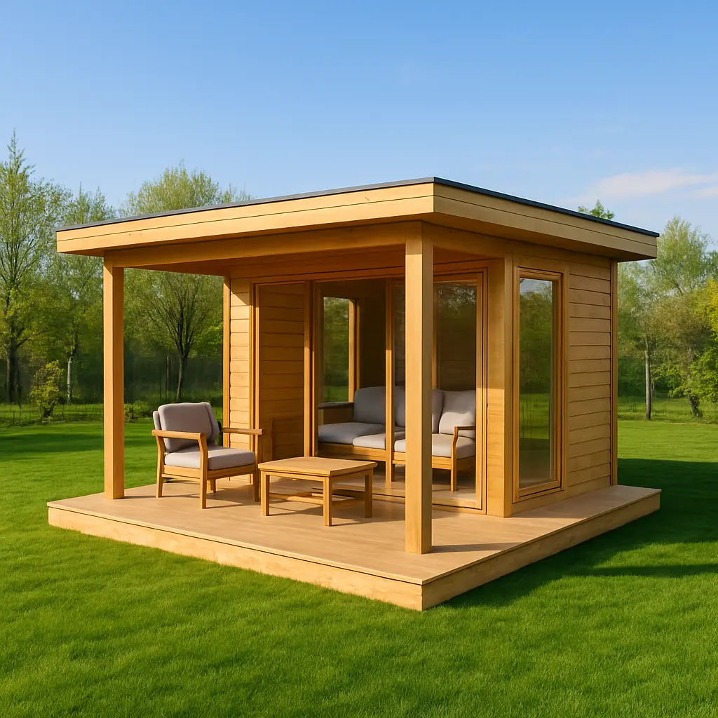 Nowoczesna drewniana altana ogrodowa z dużymi przeszkleniami i zadaszonym tarasem i z płaskim dachem.