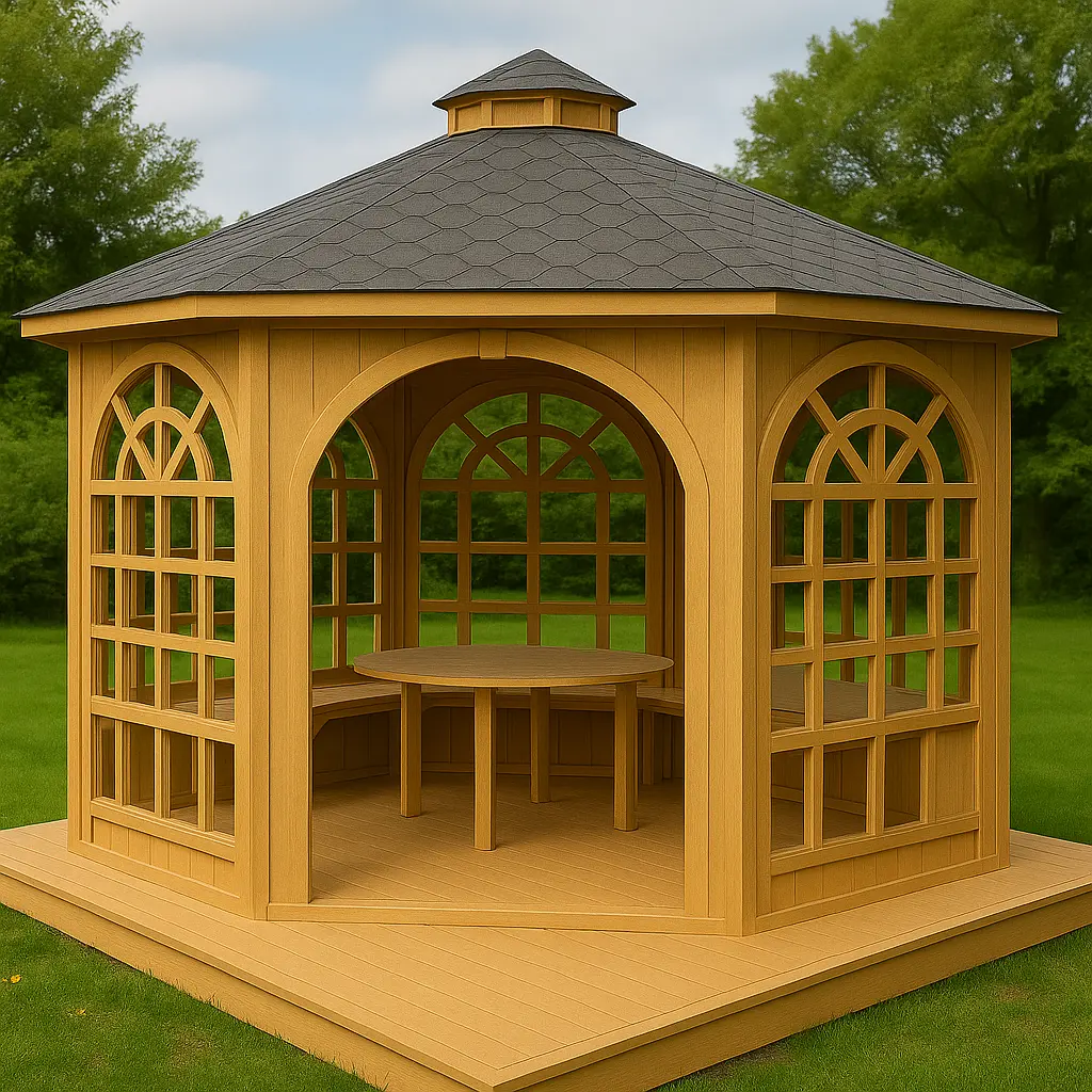 Drewniana altana ogrodowa w klasycznym stylu z ośmiokątnym dachem pokrytym gontem bitumicznym, ozdobnymi łukowymi.