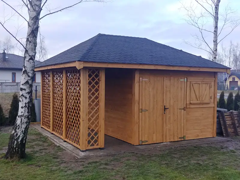 Domek narzędziowy z drewna Kacper - 4,5x3m z drewutnią 