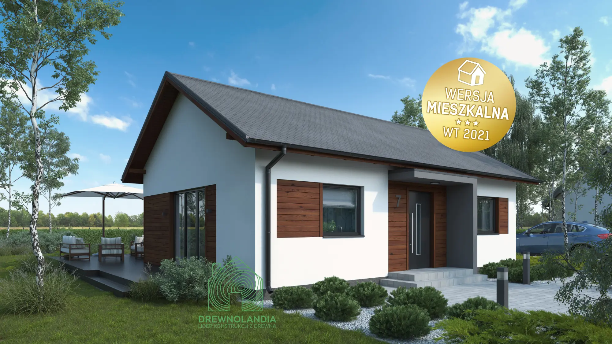 Drewnolandia V1 – fasada frontowa domu całorocznego z dużymi oknami